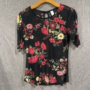 No Boundaries Women M Sheer Floral Stretch Blouse Short Sleeve Black Goth Drama